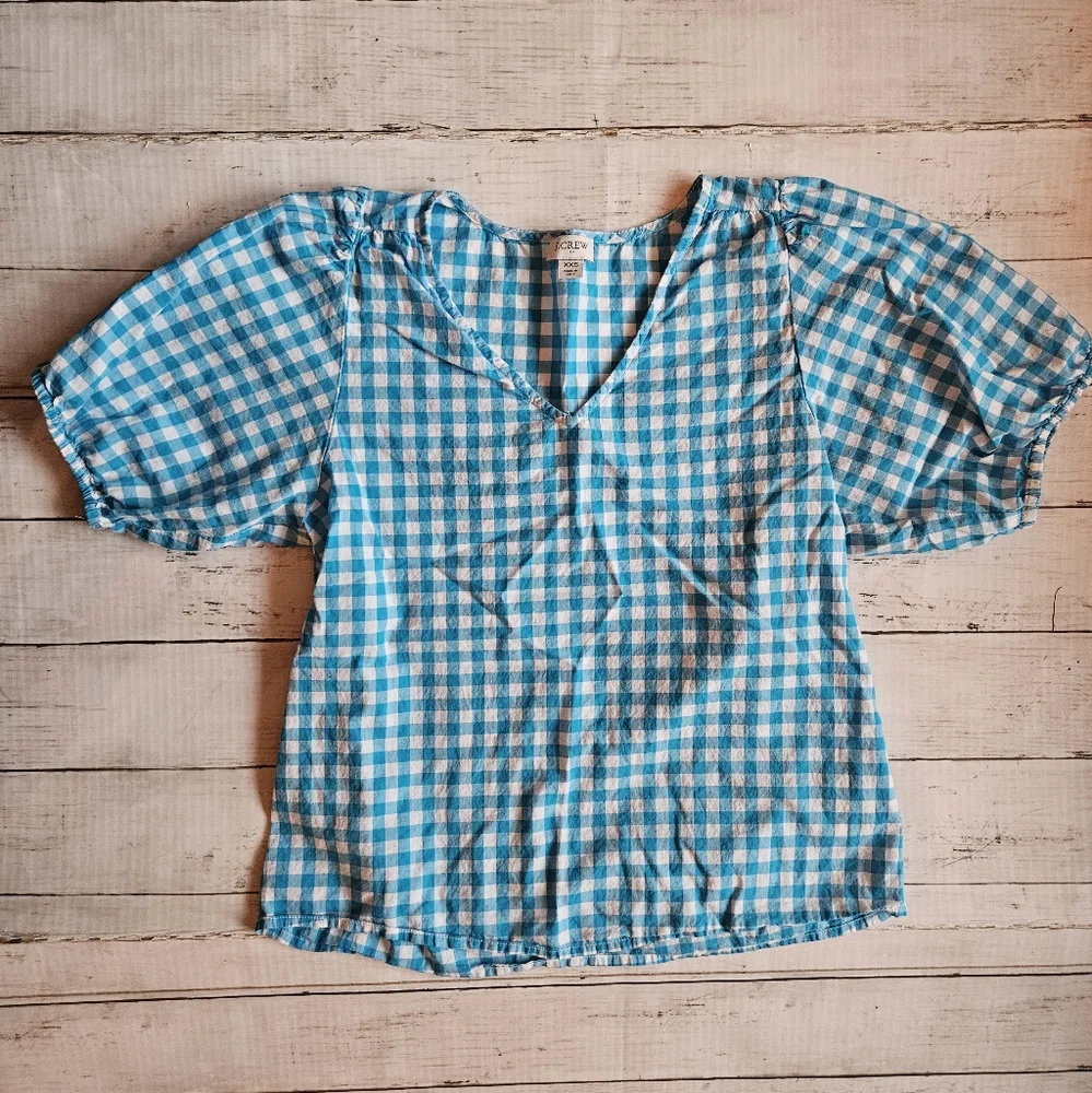 J Crew Blue And White Gingham Top With Puff Sleeves Size XXS